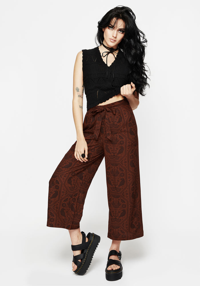 Annabel Tie Waist Wide Leg Culotte Trousers - Rust