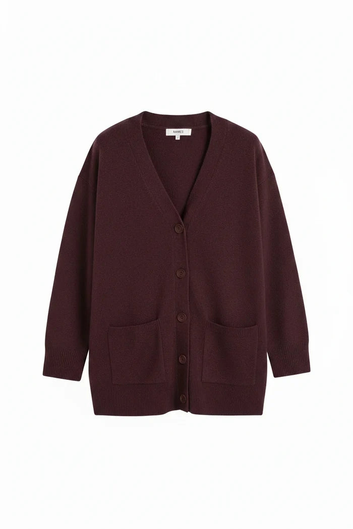 Aubergine Wool-Cashmere Long Cardigan