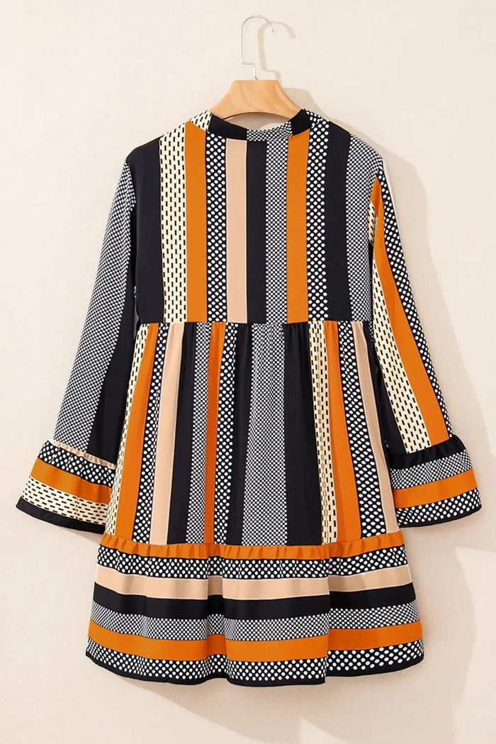 Black Striped Polka Dot Print Ruffled Hem V Neck Mini Dress - Dresses/Mini Dresses