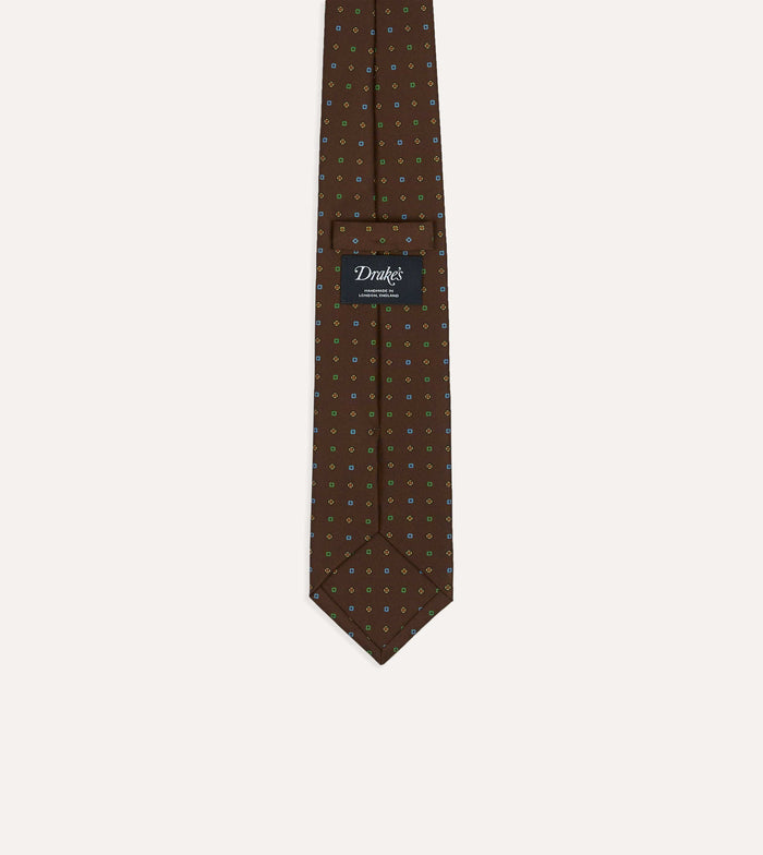 Brown Geometric Flower Print Silk Self-Tipped Tie