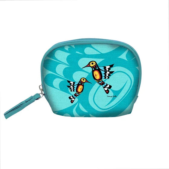 Teal coin purse with bird design on a white background