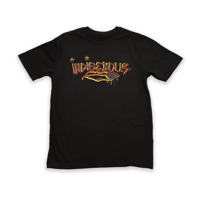 Indigenous Graffiti Unisex Tee featuring a bold, graffiti-style design on a black t-shirt.