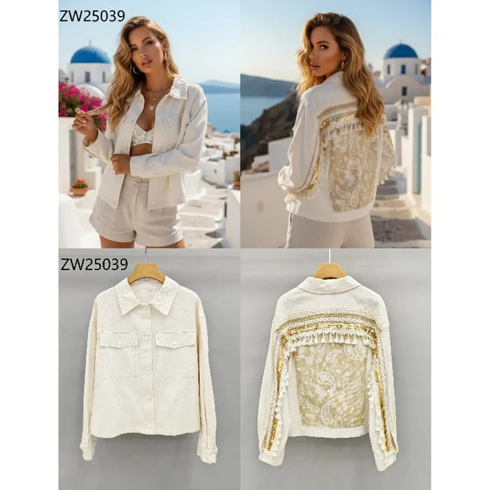 Ivory button-front jacket with ornate gold baroque embellishment and fringe detailing on the back.