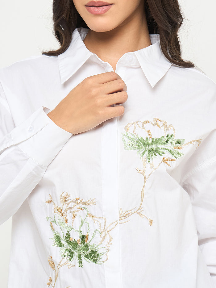 Madame Floral Embroidery White Cotton Shirt