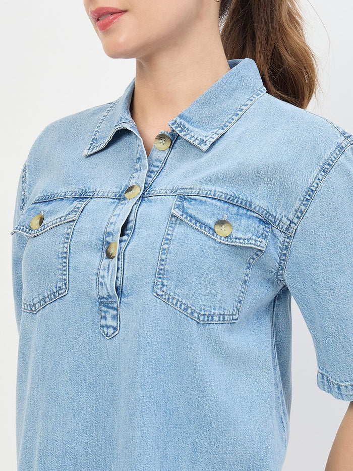 Madame Light Blue Cotton Tencel Embroidered Shirt Dress