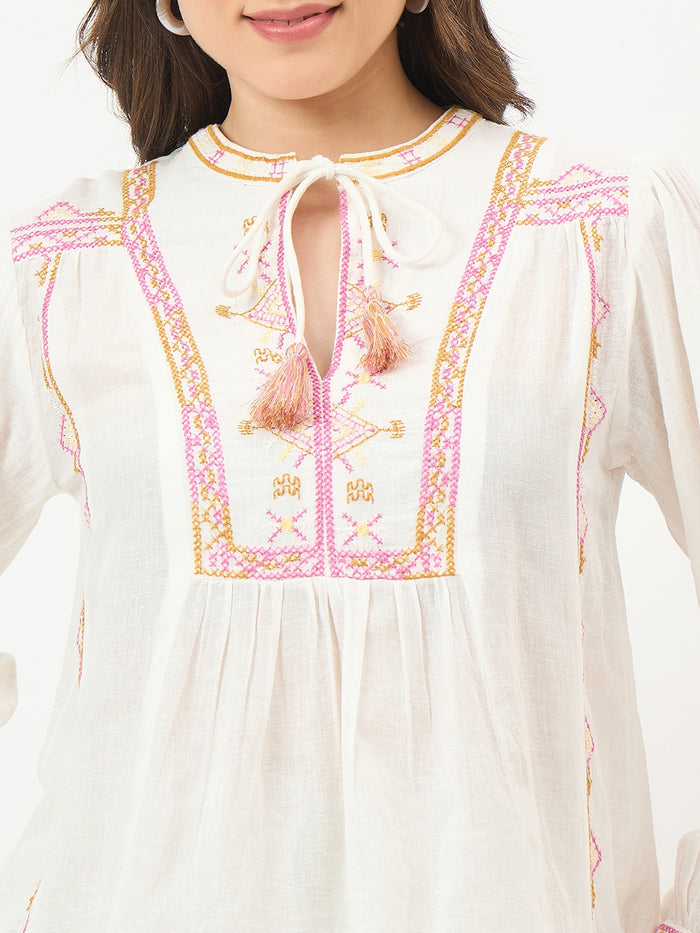 Madame Off-White Embroidered Cotton Mandarin Top