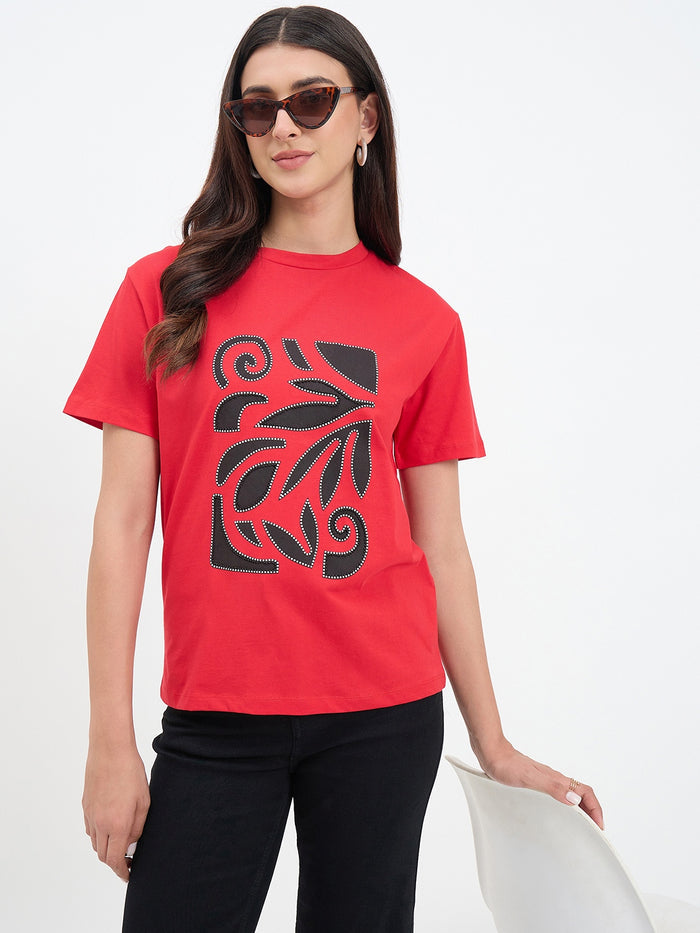 Madame Red Cotton Printed Half-Sleeve T-Shirt