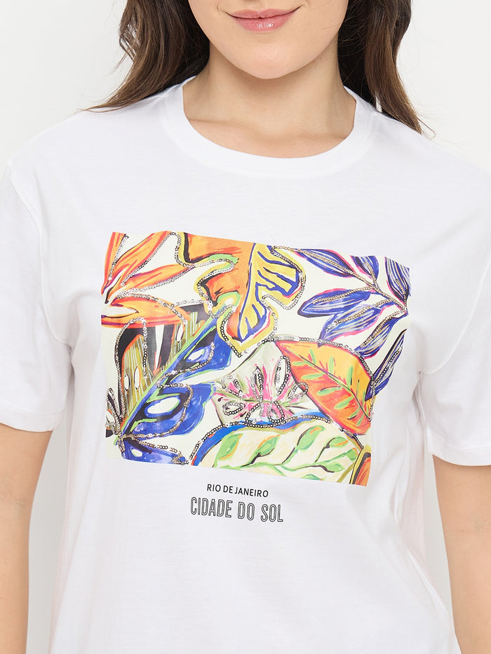 Madame White Graphic Print Cotton Round Neck T-Shirt