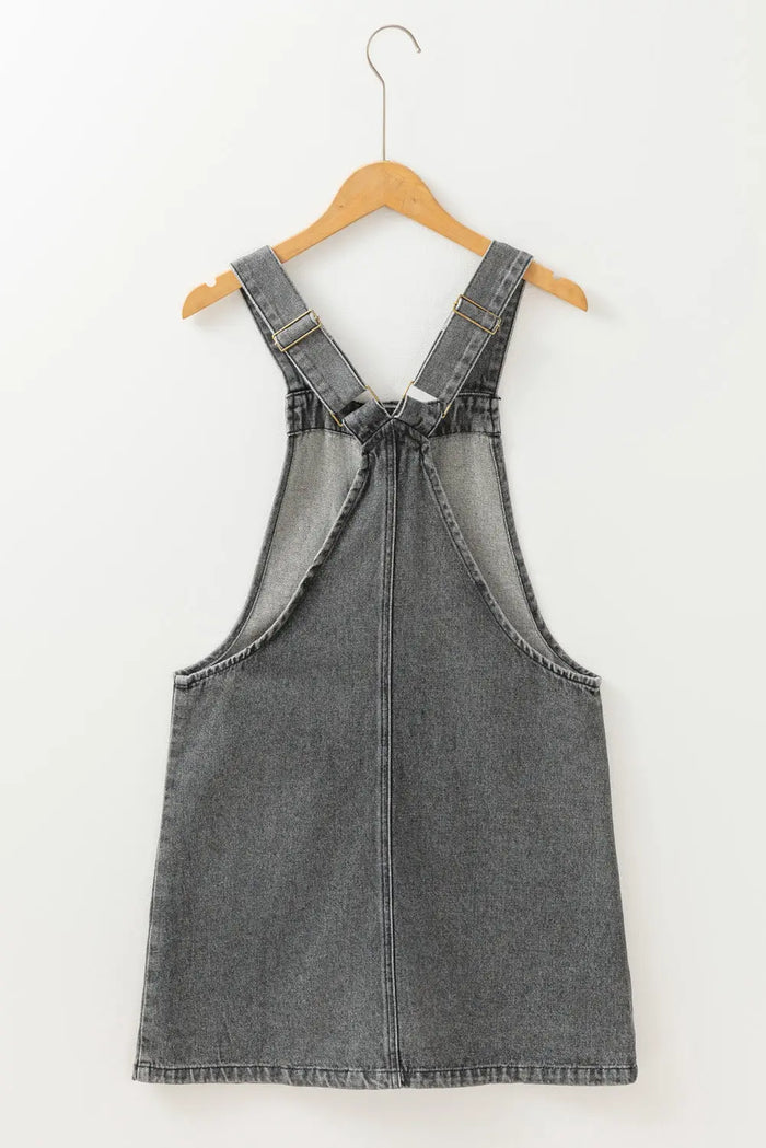 Medium Grey Wide Strap Button Front Pocketed Denim Mini Dress - Dresses/Mini Dresses