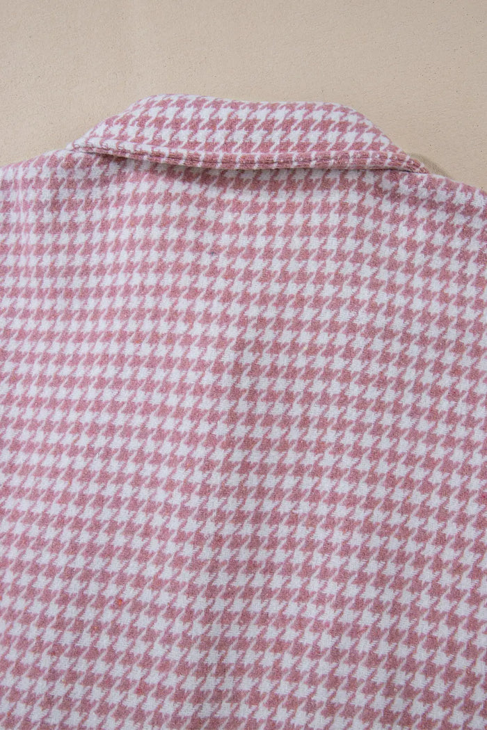 Pink Houndstooth Colour Contrast Textured Patchwork Loose Shacket - Outerwear/Jackets