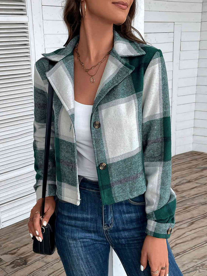 Plaid Collared Neck Button Up Long Sleeve Jacket - Madikfashions.com
