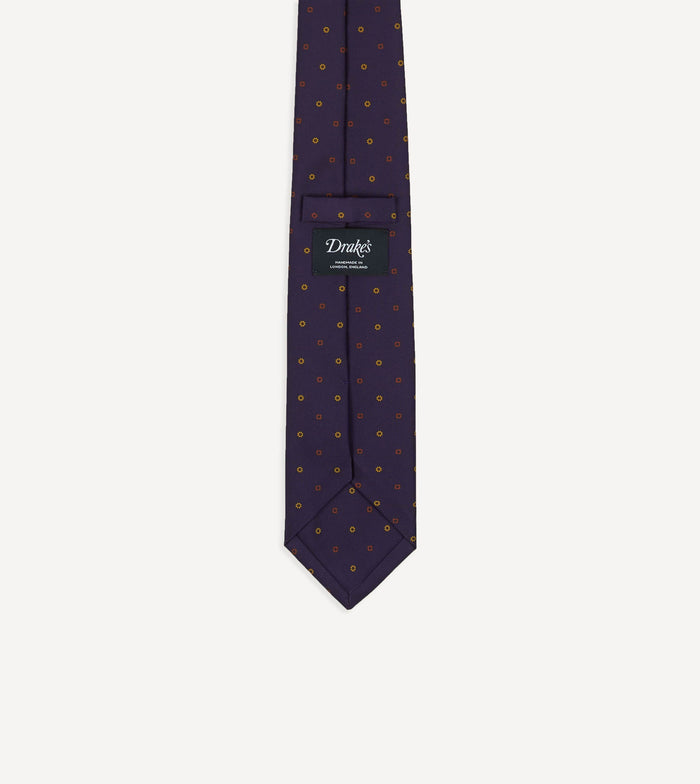 Purple Flowers and Diamonds Print Silk Self Tipped Tie
