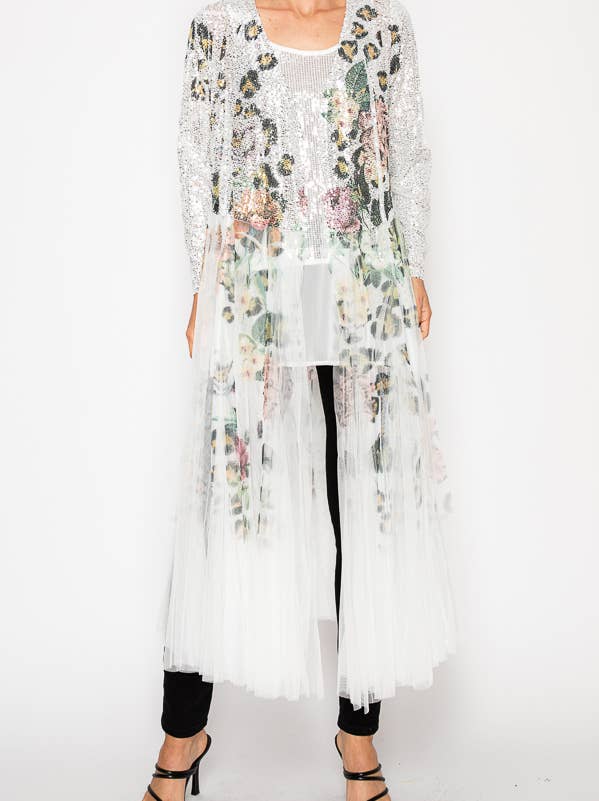 Rose Leopard Sequin Duster jacket with a sheer longline silhouette, open front, and sparkling floral animal print embellishment.