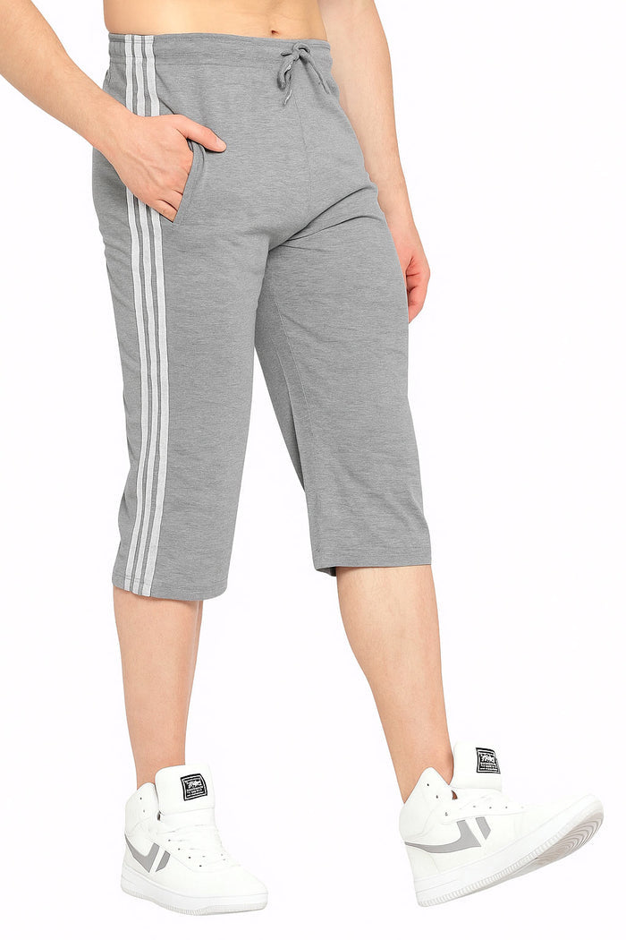 Side Stripe Long Cotton Three Quarters Shorts (Grey) - Hinz Clothing
