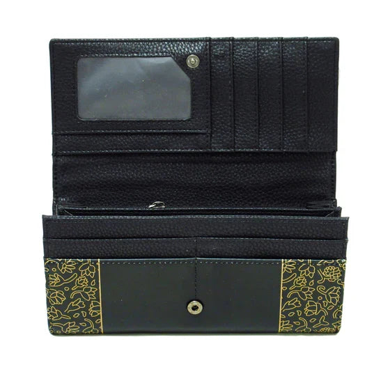 Black wallet with floral pattern on a white background