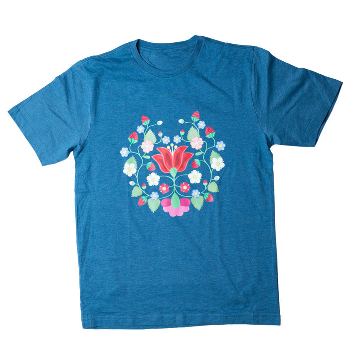 Strawberry Floral Tee featuring Indigenous strawberry floral design on a blue t-shirt.