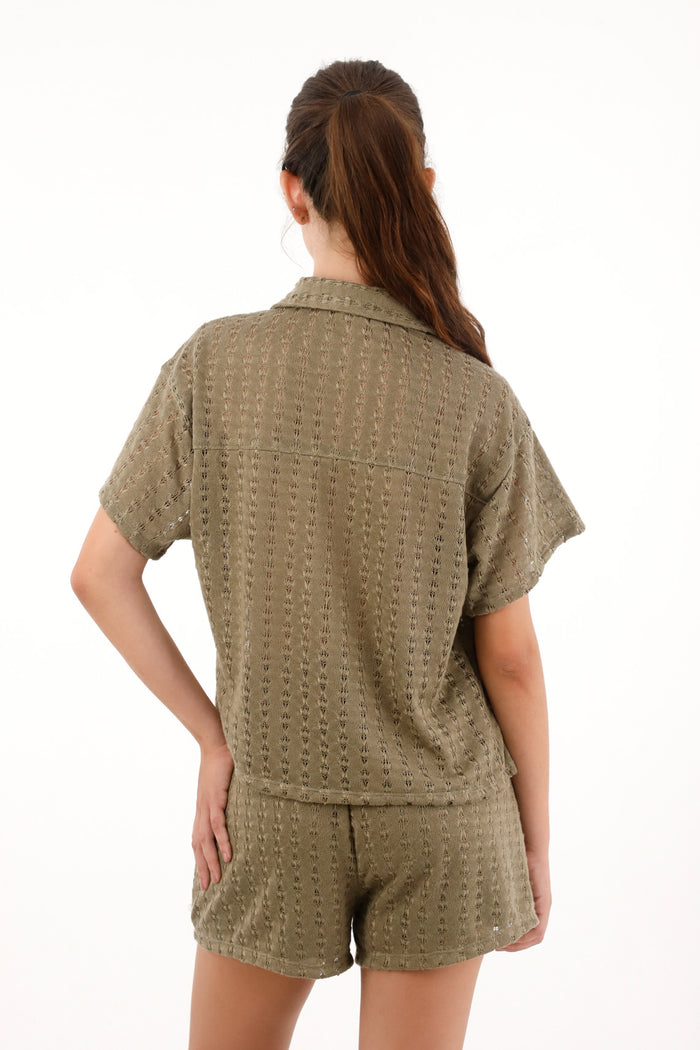 Women's Short Sleeve Woven Green Shirt