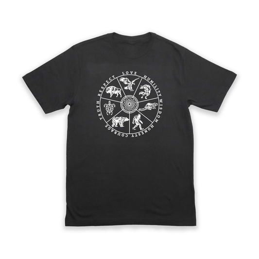 7 Teachings Tee featuring symbols representing respect, love, humility, wisdom, bravery, honesty, and truth.