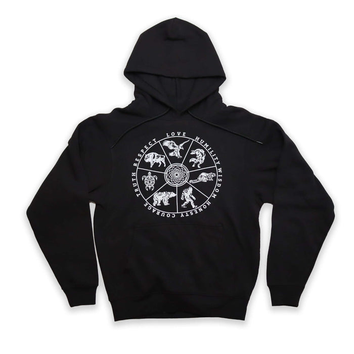 7 Teachings Wheel Hoodie featuring a unique design representing indigenous teachings on a comfy black fleece sweatshirt.