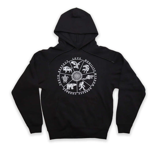 7 Teachings Wheel Hoodie featuring a unique design representing indigenous teachings on a comfy black fleece sweatshirt.