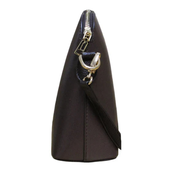 Black handbag with a gold zipper on a white background