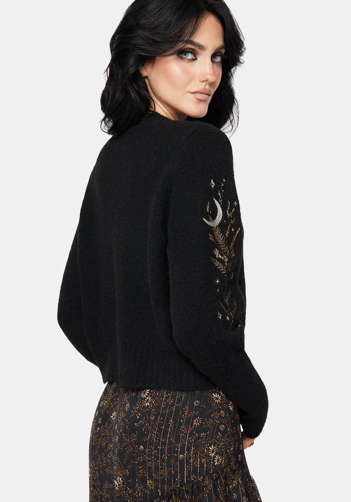 Abellona Floral Moon Embroidered Balloon Sleeve Knit Cardigan