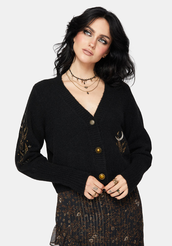 Abellona Floral Moon Embroidered Balloon Sleeve Knit Cardigan