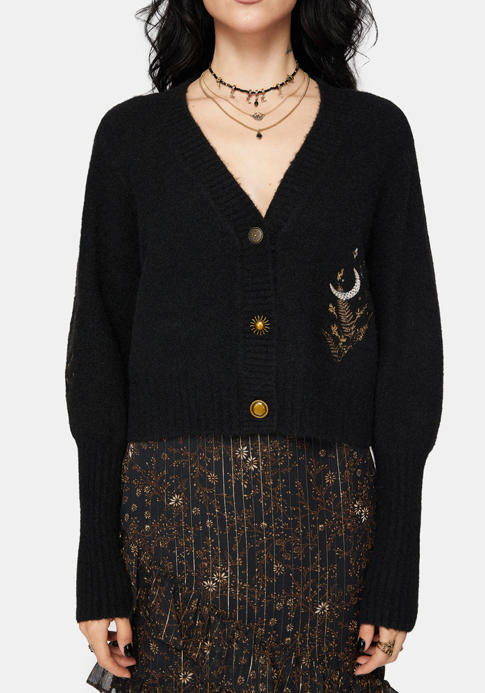 Abellona Floral Moon Embroidered Balloon Sleeve Knit Cardigan