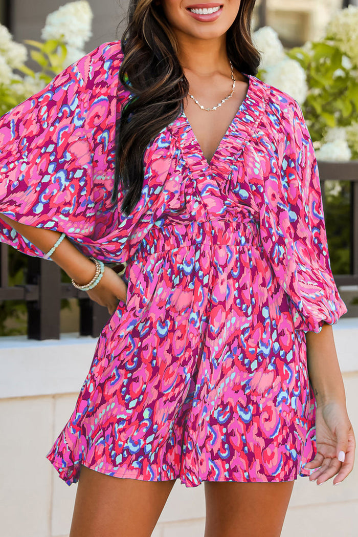 Pink Abstract Print Puff Sleeve V Neck High Waist Romper - PINK / S / 100% POLYESTER - Bottoms/Jumpsuits & Rompers