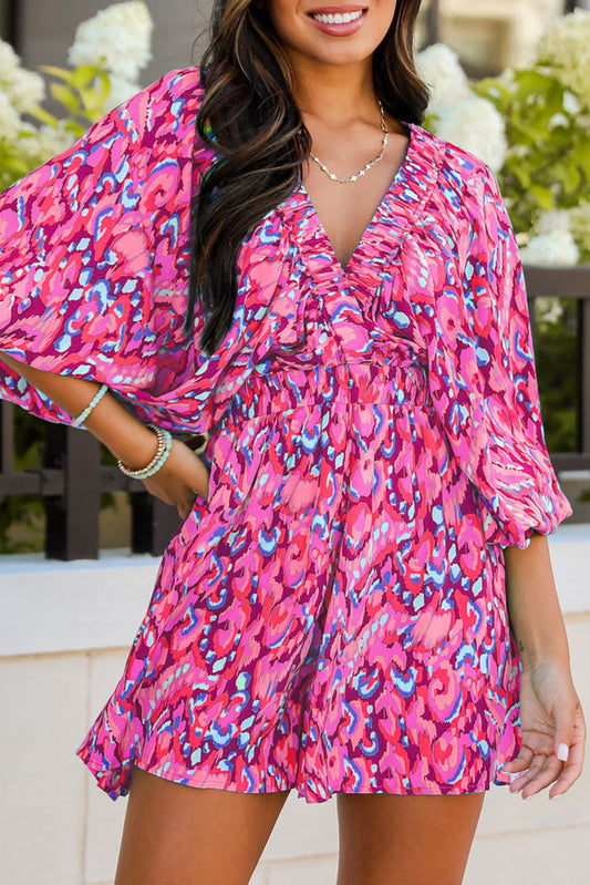 Pink Abstract Print Puff Sleeve V Neck High Waist Romper - PINK / S / 100% POLYESTER - Bottoms/Jumpsuits & Rompers