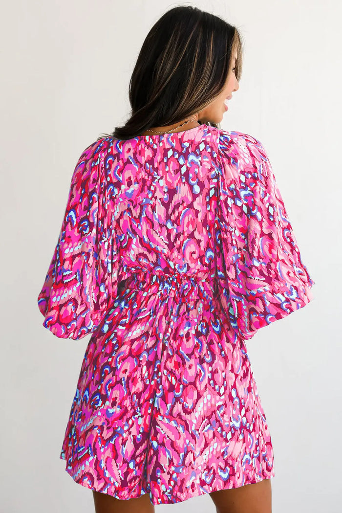 Pink Abstract Print Puff Sleeve V Neck High Waist Romper - Bottoms/Jumpsuits & Rompers