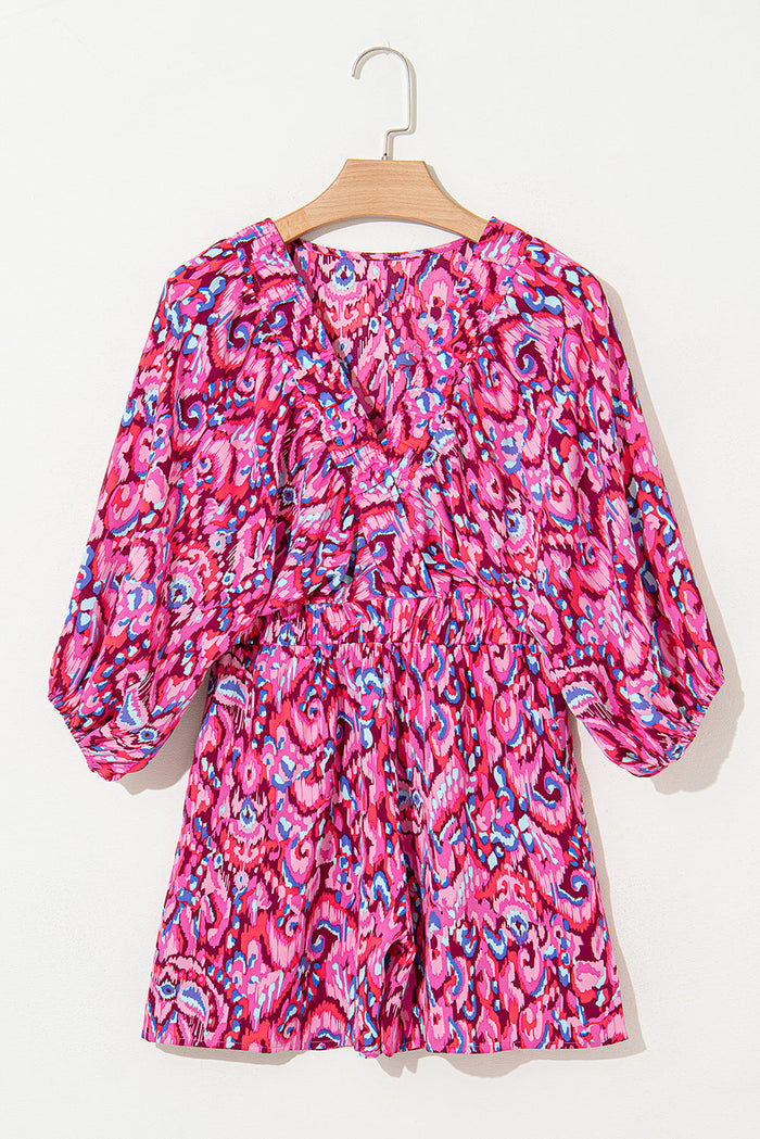Pink Abstract Print Puff Sleeve V Neck High Waist Romper - Bottoms/Jumpsuits & Rompers