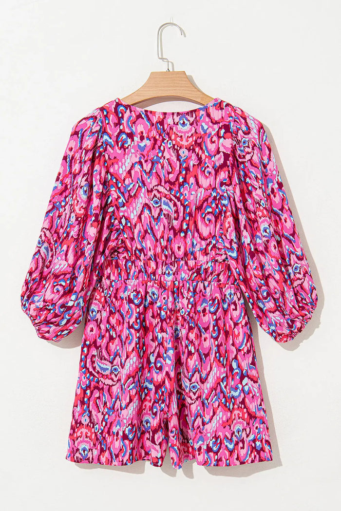 Pink Abstract Print Puff Sleeve V Neck High Waist Romper - Bottoms/Jumpsuits & Rompers