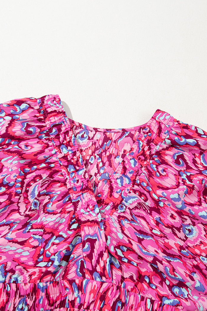 Pink Abstract Print Puff Sleeve V Neck High Waist Romper - Bottoms/Jumpsuits & Rompers