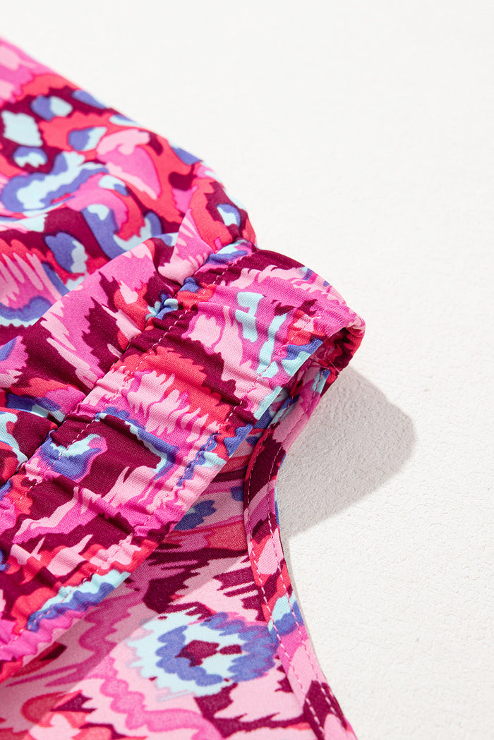 Pink Abstract Print Puff Sleeve V Neck High Waist Romper - Bottoms/Jumpsuits & Rompers