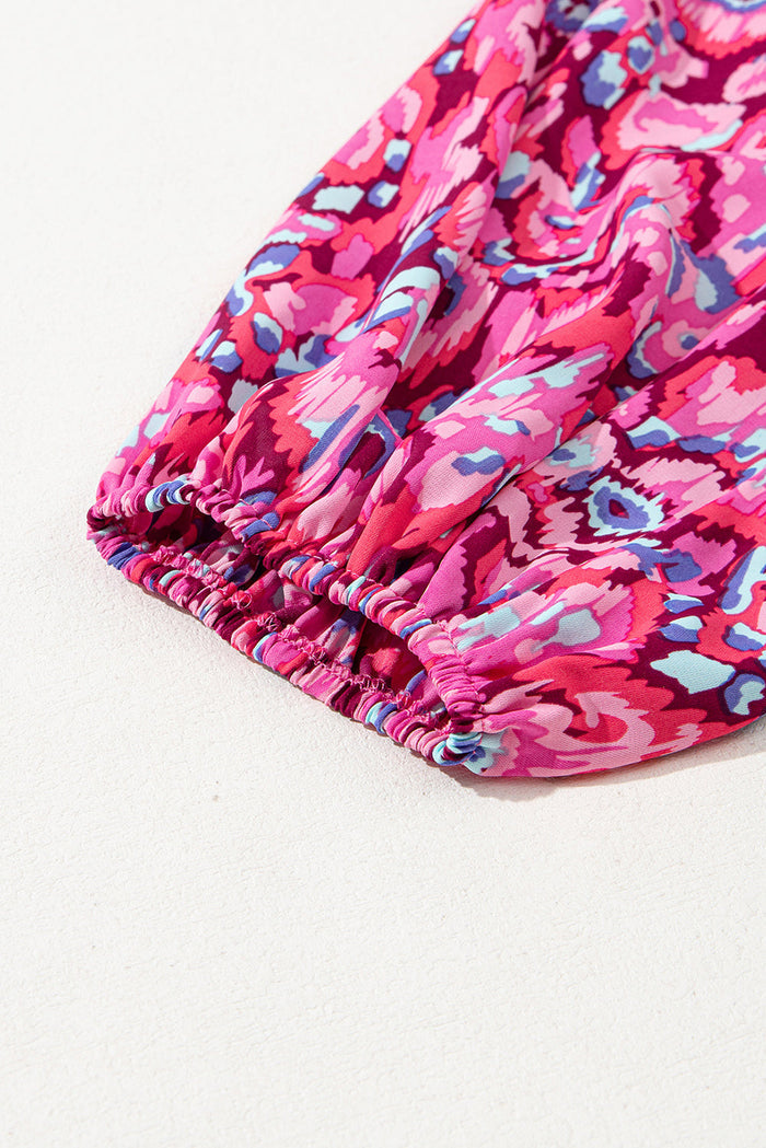 Pink Abstract Print Puff Sleeve V Neck High Waist Romper - Bottoms/Jumpsuits & Rompers