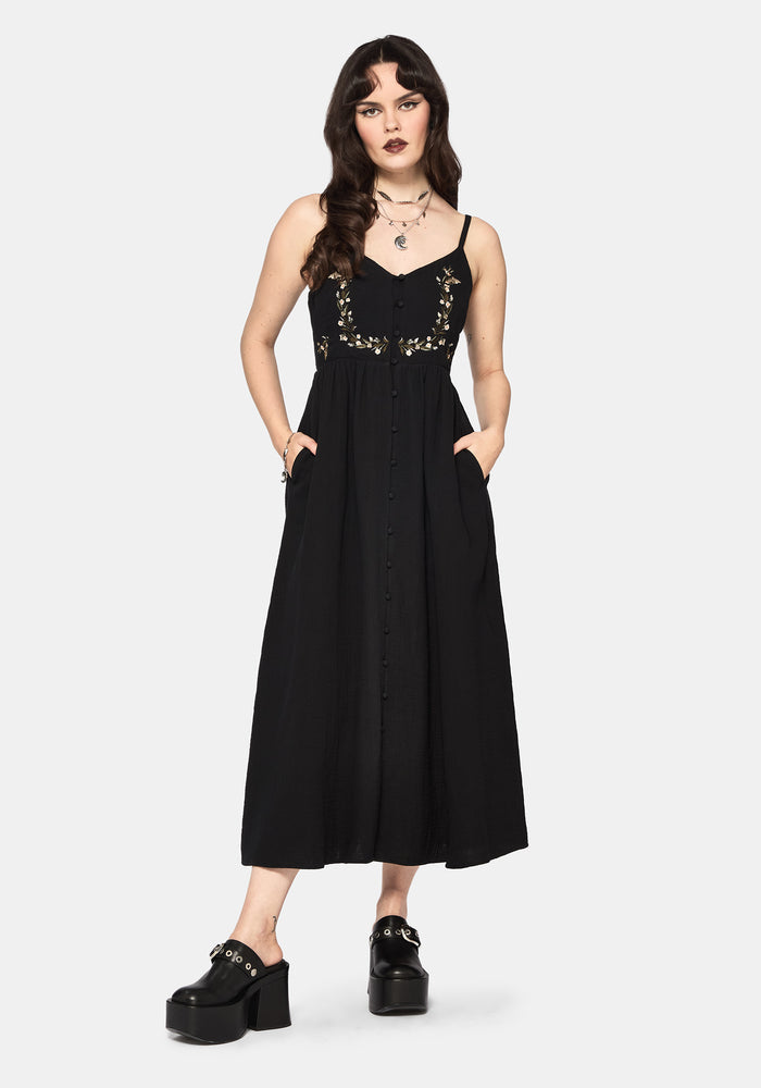 Abundance Cotton Floral Embroidered Bodice Cami Midaxi Dress - Black