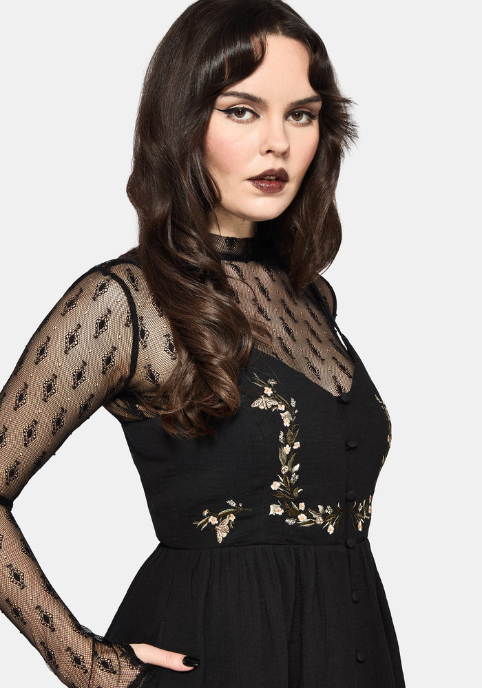 Abundance Cotton Floral Embroidered Bodice Cami Midaxi Dress - Black