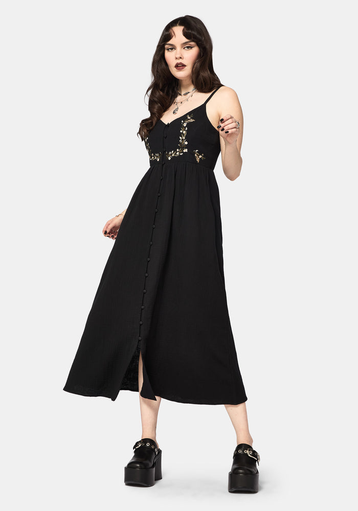Abundance Cotton Floral Embroidered Bodice Cami Midaxi Dress - Black