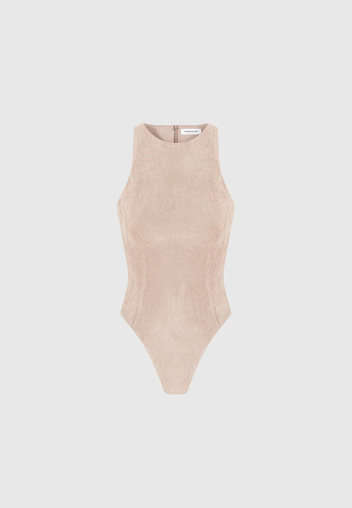 Adele - Suede Racer Neck Bodysuit - Taupe
