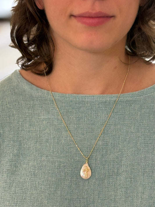 Handcrafted Amara Pearl Cross Necklace in Gold Sterling