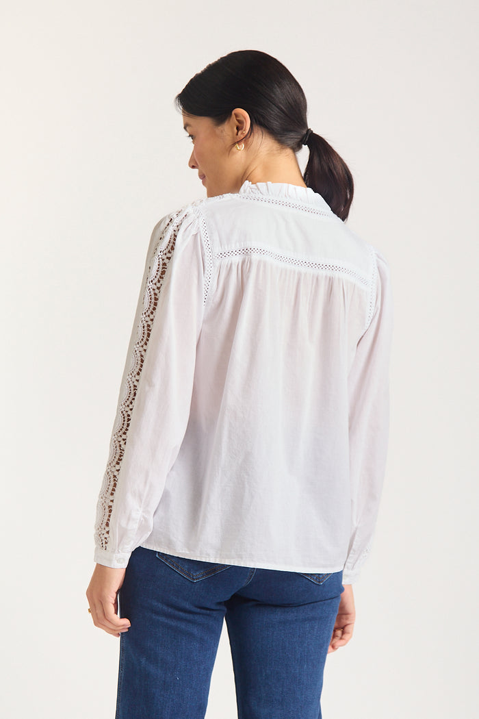 Woman against white background in white shirt with lace details at the shoulder.