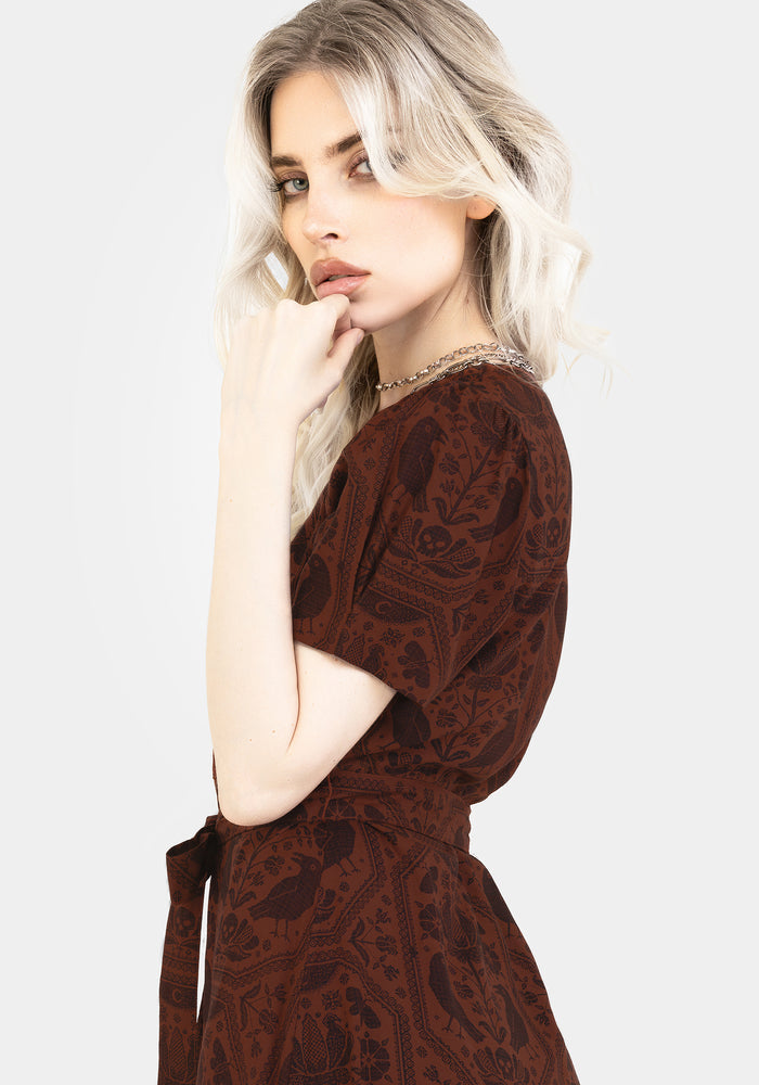 Annabel Raven Print Button Up Midi Dress - Rust