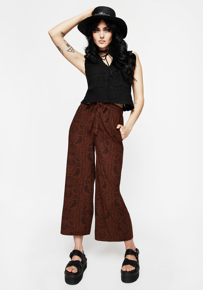 Annabel Tie Waist Wide Leg Culotte Trousers - Rust