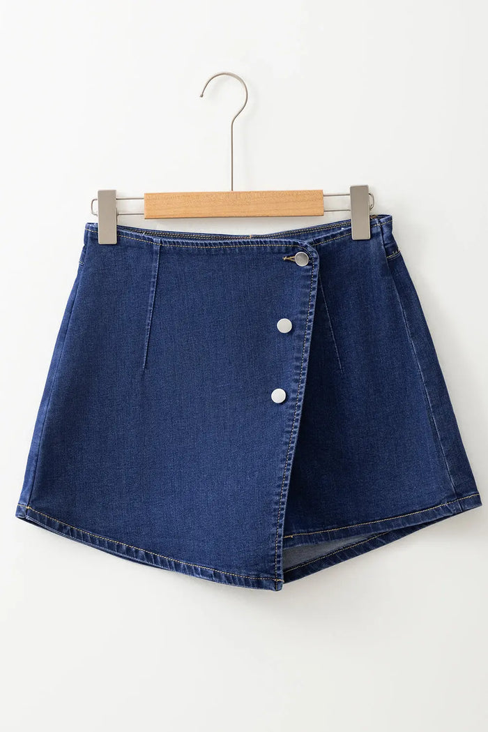 Bluing Asymmetric Wrapped Buttoned High Waist Denim Shorts - Bottoms/Denim