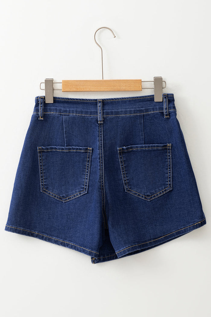 Bluing Asymmetric Wrapped Buttoned High Waist Denim Shorts - Bottoms/Denim