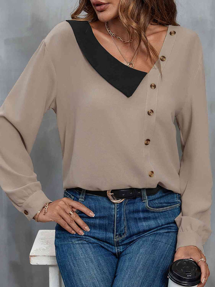 Asymmetrical Neck Buttoned Long Sleeve Top - Madikfashions.com