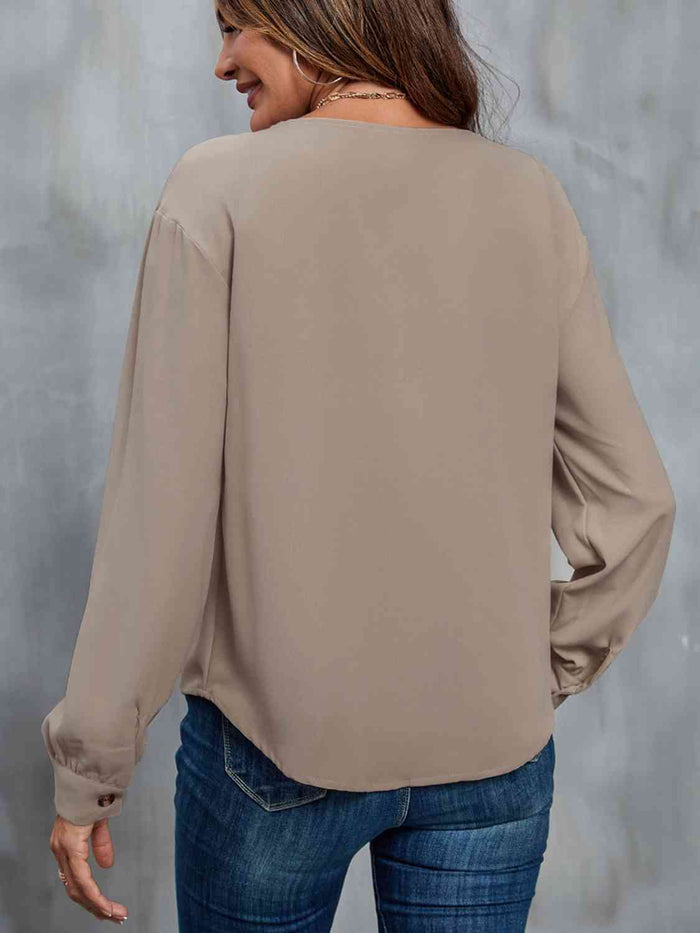 Asymmetrical Neck Buttoned Long Sleeve Top - Madikfashions.com