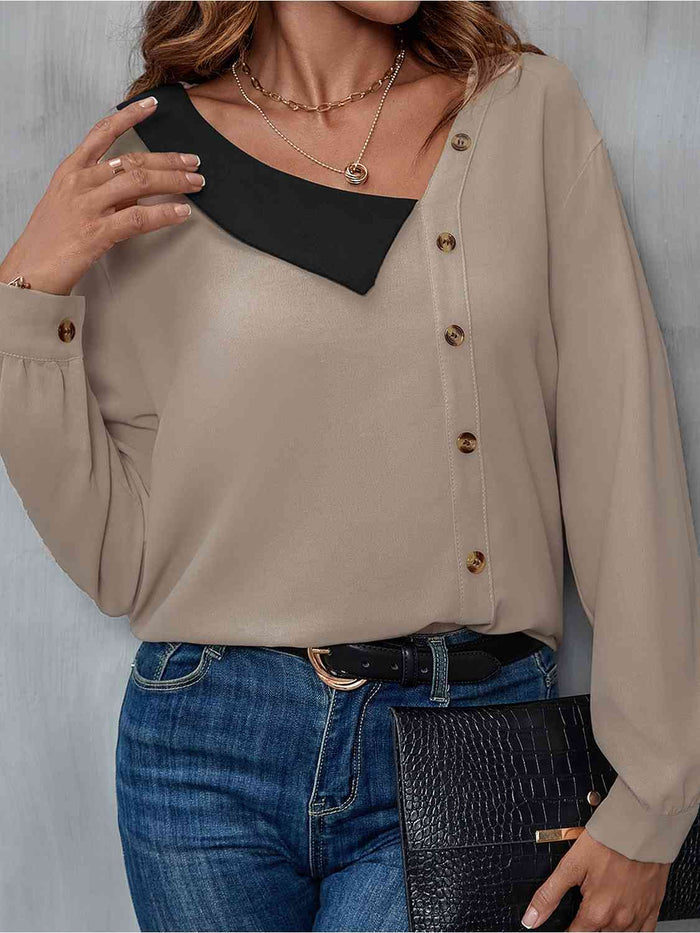 Asymmetrical Neck Buttoned Long Sleeve Top - Madikfashions.com