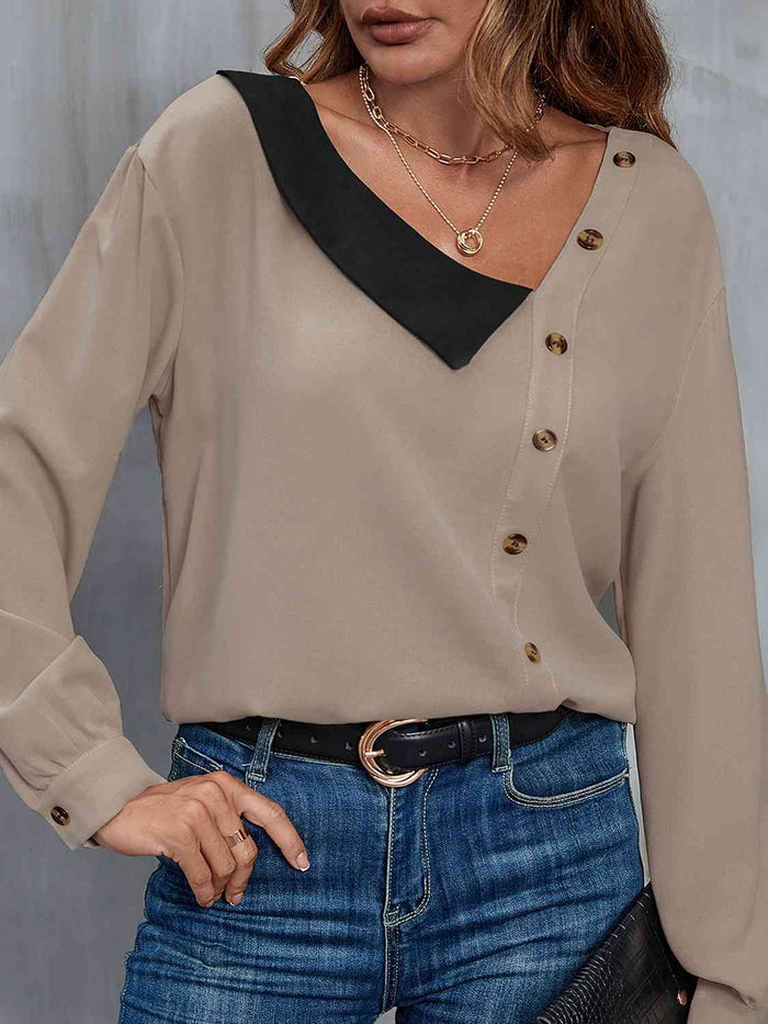Asymmetrical Neck Buttoned Long Sleeve Top - Madikfashions.com